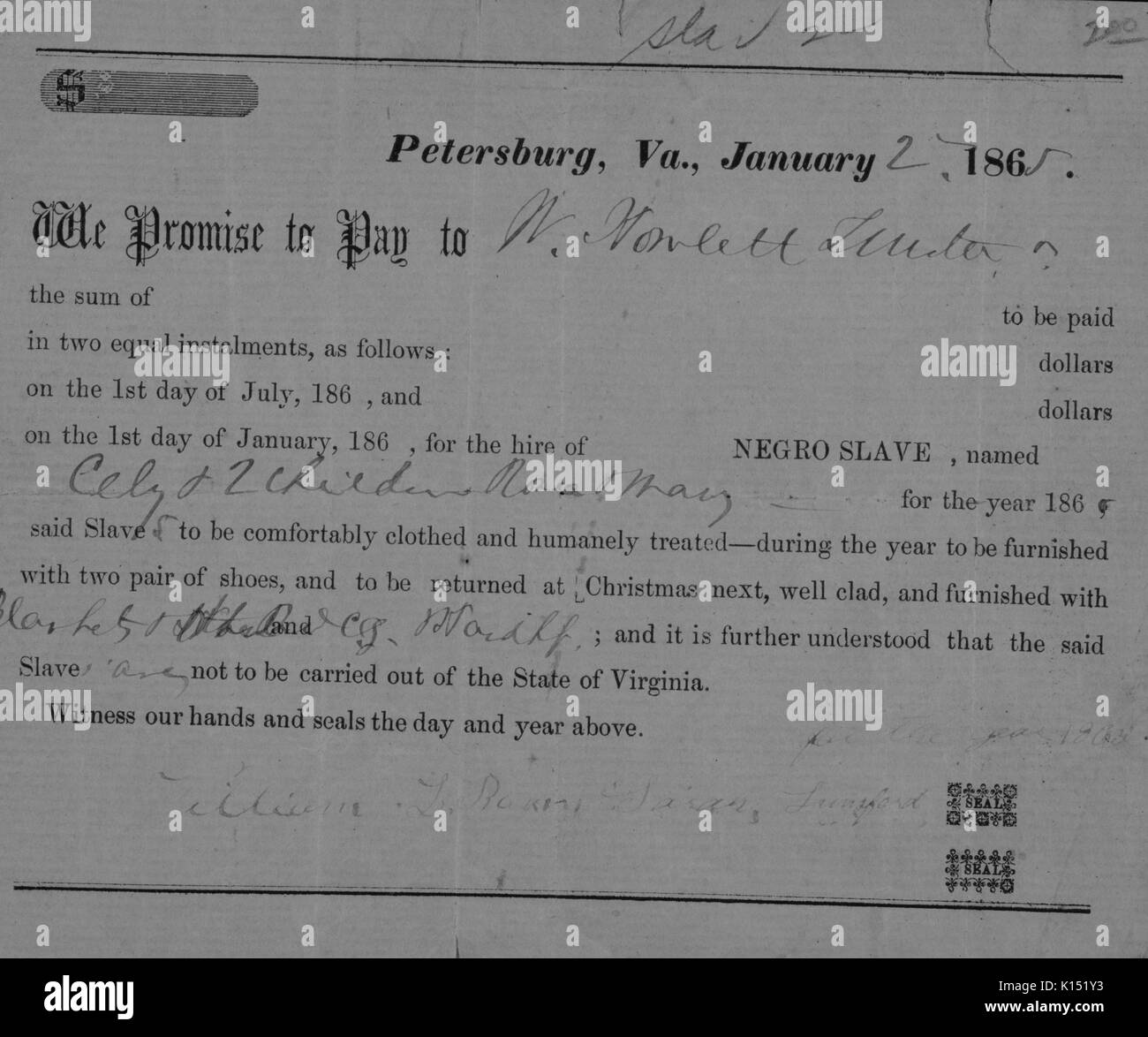 Promissory note for hire of slave Cely and two children, Petersburg, Virginia, 1865. From the New York Public Library. Stock Photo