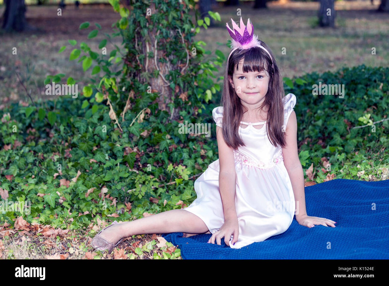 Little cute little girl in a dress with a crown on her head sits on a ...