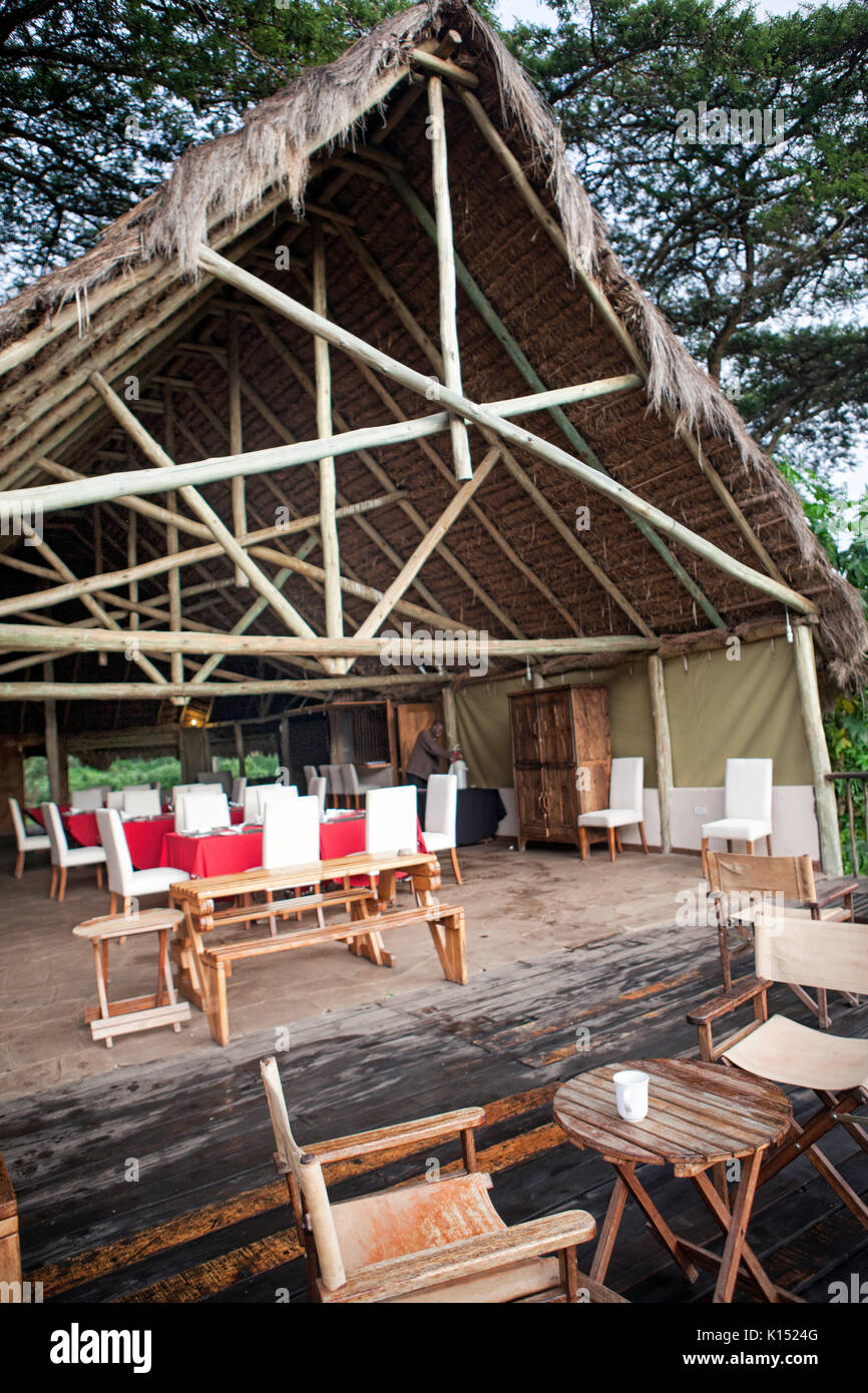 Dining room at the Kigio Wildlife Camp in Kenya, Africa. Stock Photo