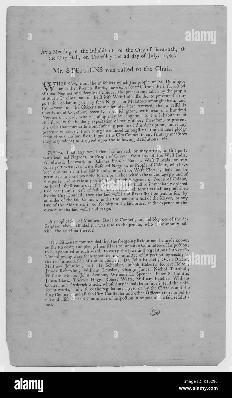 The resolution of the Savannah City Council to prevent blacks from entering the city following the Haitian Revolution, they specify that any ships carrying black people from the islands around and south of Florida will be prevented from entering the bay, 1795. From the New York Public Library. Stock Photo