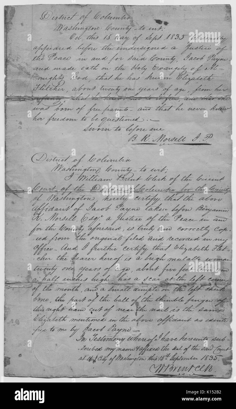 An affidavit certifying that Elizabeth Fletcher is a free woman, District of Columbia, Washington County, 1835. From the New York Public Library. Stock Photo
