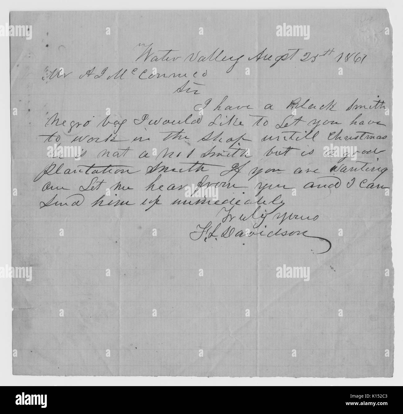 A letter from FL Davidson offering his slave for hire, who he says is a blacksmith and a good plantation worker, 1861. From the New York Public Library. Stock Photo