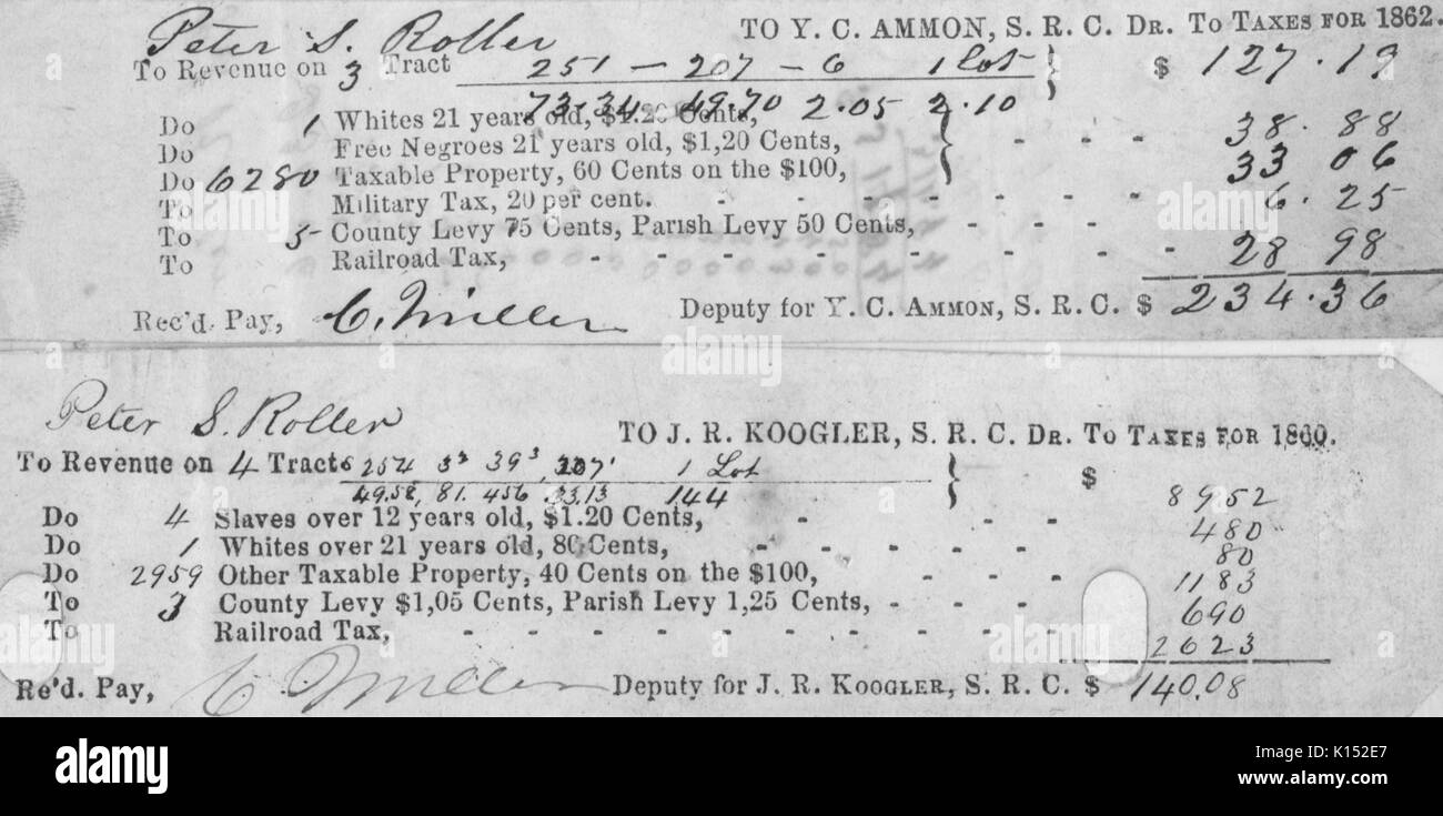 Receipts for taxes paid by Peter S Roller for slaves, also includes other taxes for military, property, county, railroad, and whites over the age of 21, for tax years 1860 and 1862, 1861. From the New York Public Library. Stock Photo