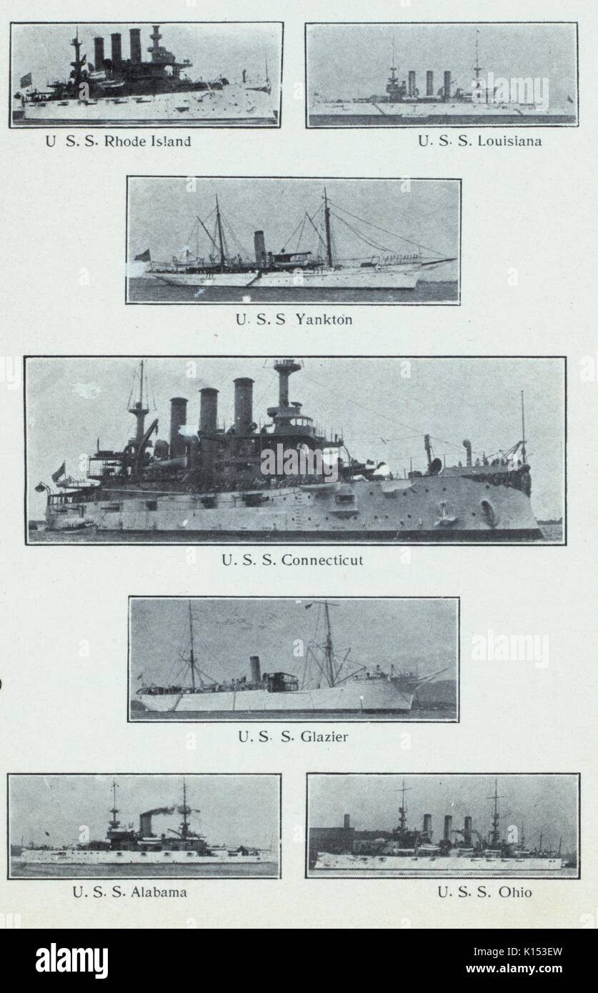 Collage of battleships from the United States Navy Atlantic Fleet, including the USS Ohio, USS Alabama, and USS Louisiana, 1897. From the New York Public Library. Stock Photo