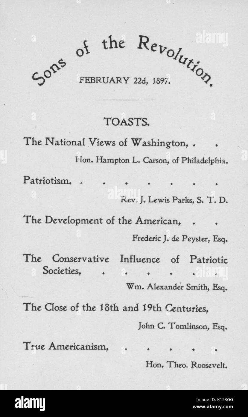 Washington birthday banquet, a menu for an event held by Sons of the Revolution at Delmonico restaurant, speakers including Theodore Roosevelt, New York, New York, 1897. From the New York Public Library. Stock Photo