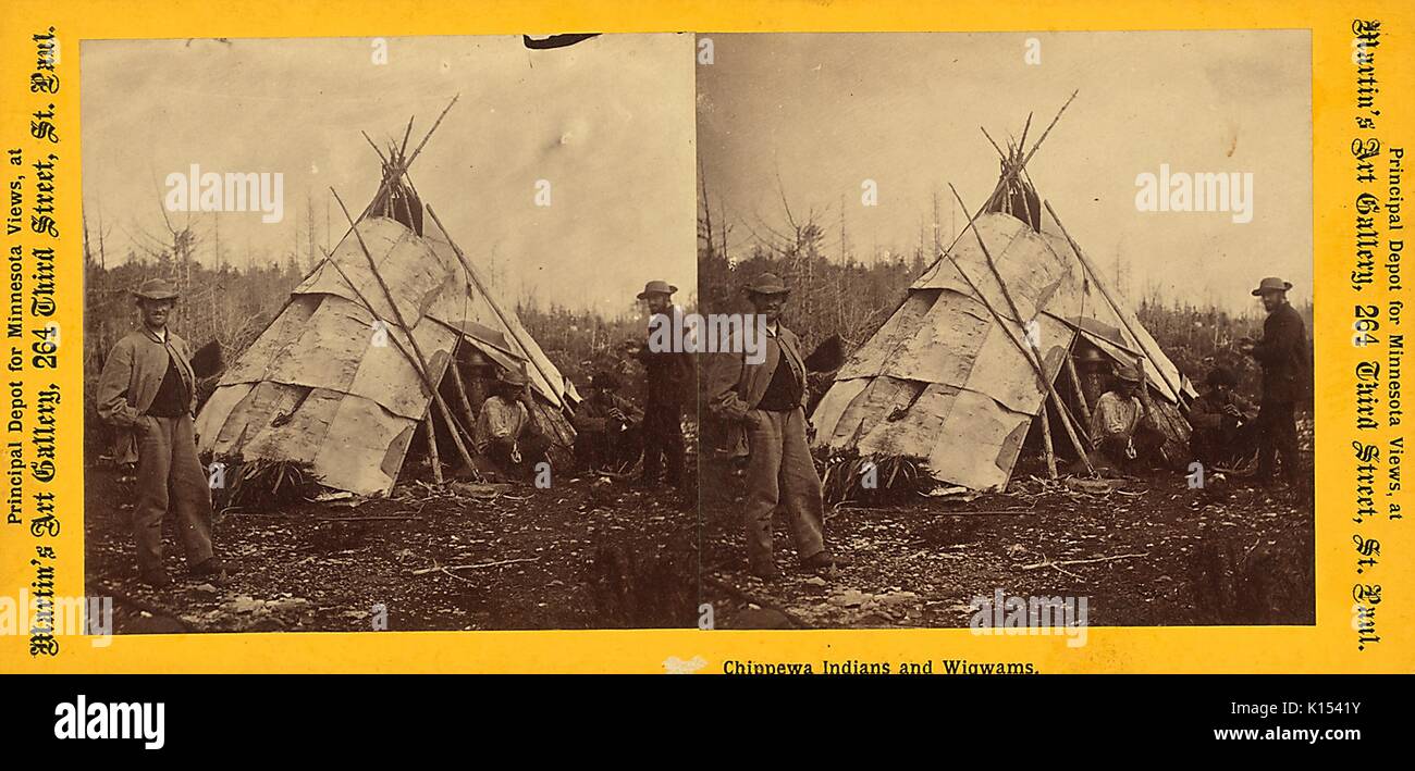 Stereographic card showing a group of Chippewa men standing by a birch bark wigwam, 1843. Stock Photo