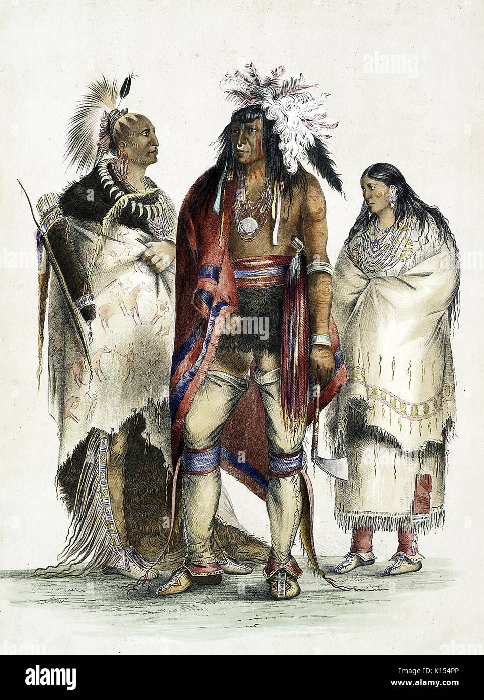 Three Native Americans in traditional dress, illustration, 1888. From the New York Public Library. Stock Photo