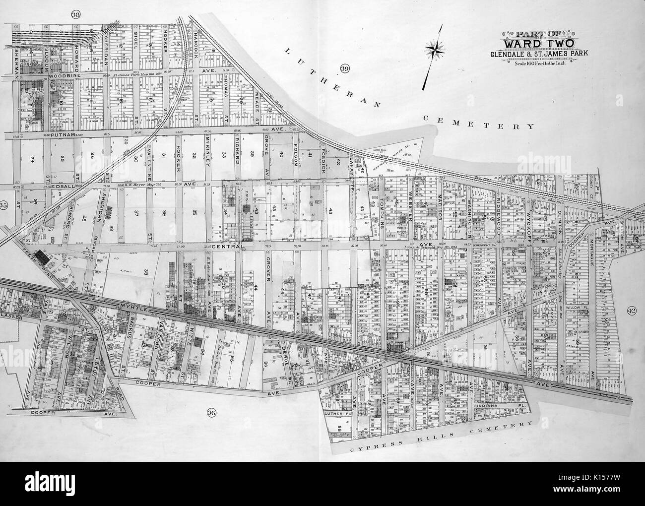 Map of Ward 2 in Queens, New York, with original caption reading 'Map bounded by Sherman St, Slocum St, Howard St, Sheridan St, Sigel St, Hooker St, Hancock St, Thomas St, Meade St, Folsom Ave, Fosdick Ave, Tompkins Ave, Webster Ave, Madison Ave, Washington Ave, Including Ridgewood Ave, Wyckoff Ave, Clinton Ave, Cooper Ave, Montague Ave, Fulton Ave, Myrtle Ave, Indiana PL, Luther PL, Yale Ave, Glasser St, Harman Ave, Fresh Pond Road, Edsall Ave, Putnam Ave, Woodbine Ave', Washington, DC, 1742. Stock Photo