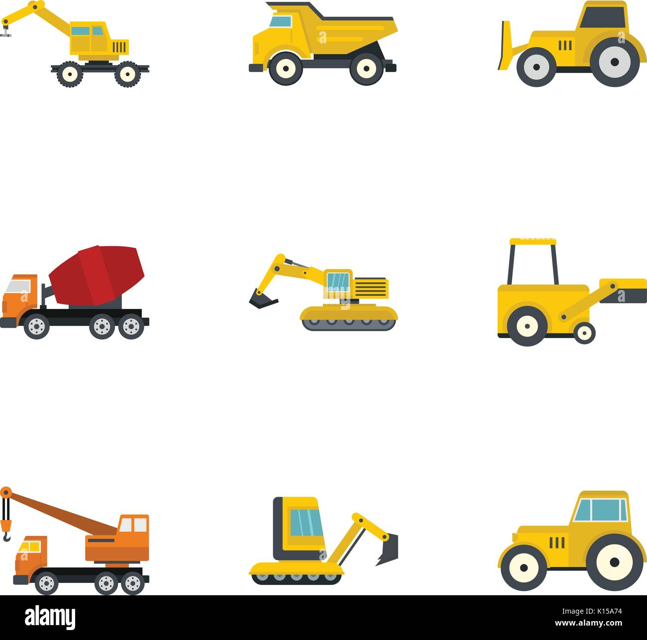 Construction heavy vehicle icon set, flat style Stock Vector