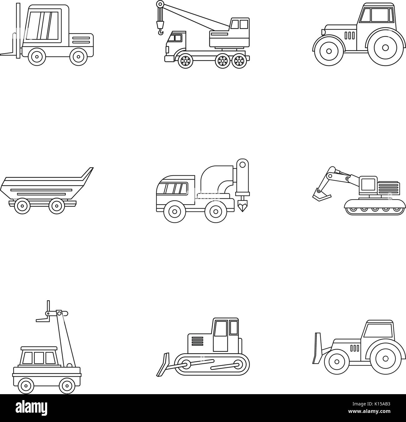Industrial heavy vehicle icon set, outline style Stock Vector