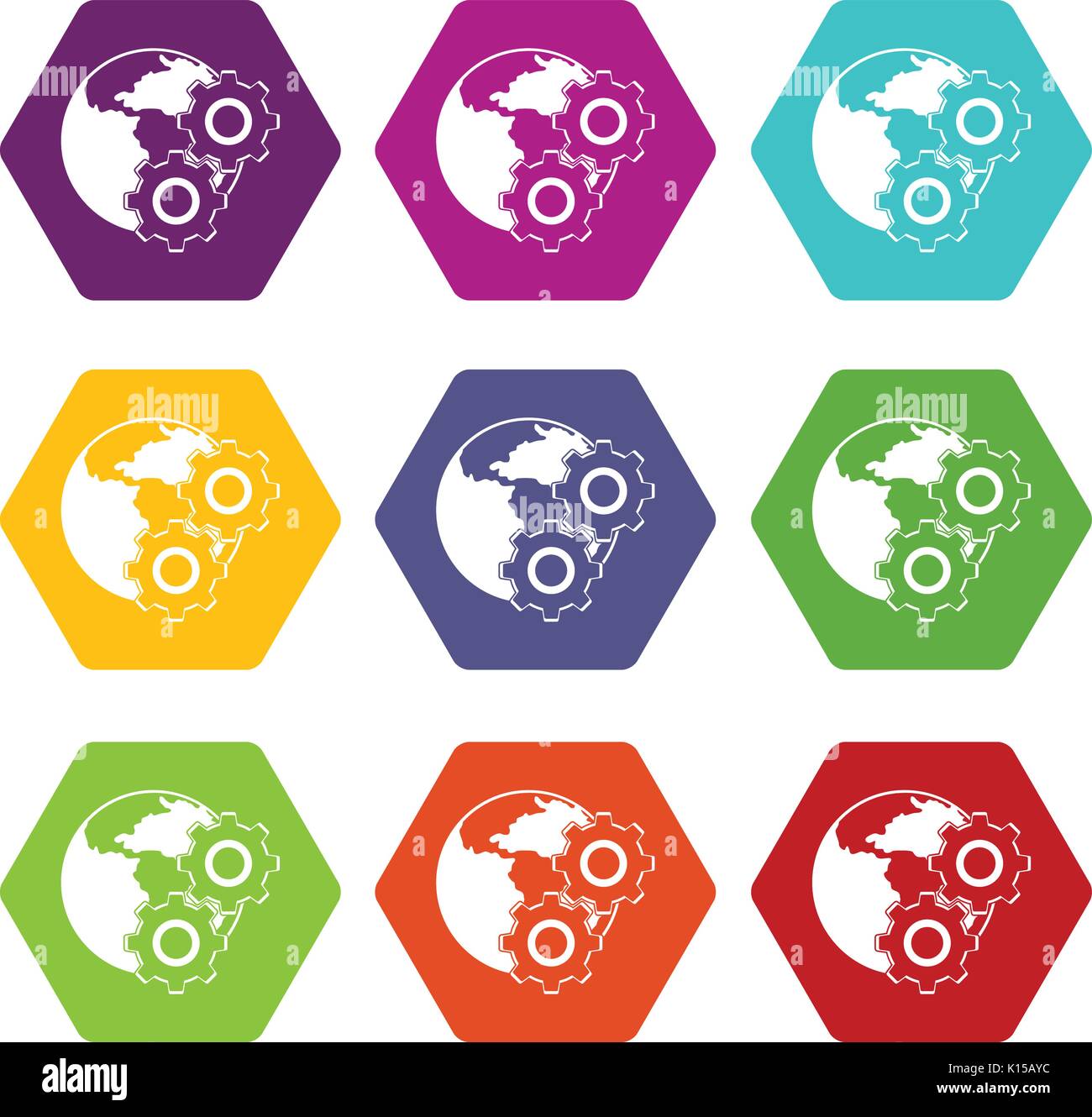 World planet and gears icon set color hexahedron Stock Vector Image ...