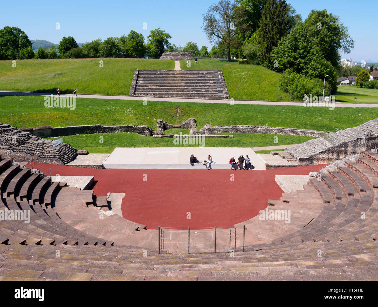 Roman Theatre and the remains of the temple on Schönbühl hill, Augusta Raurica, Switzerland Stock Photo