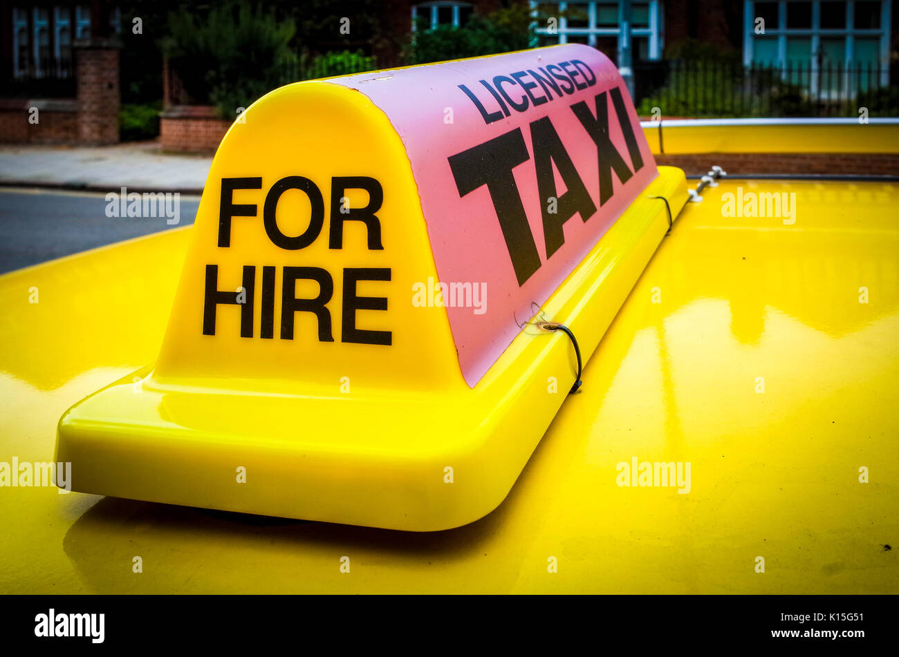 For Hire Taxi Sign on a Cambridge City licensed Taxi Cab Stock Photo