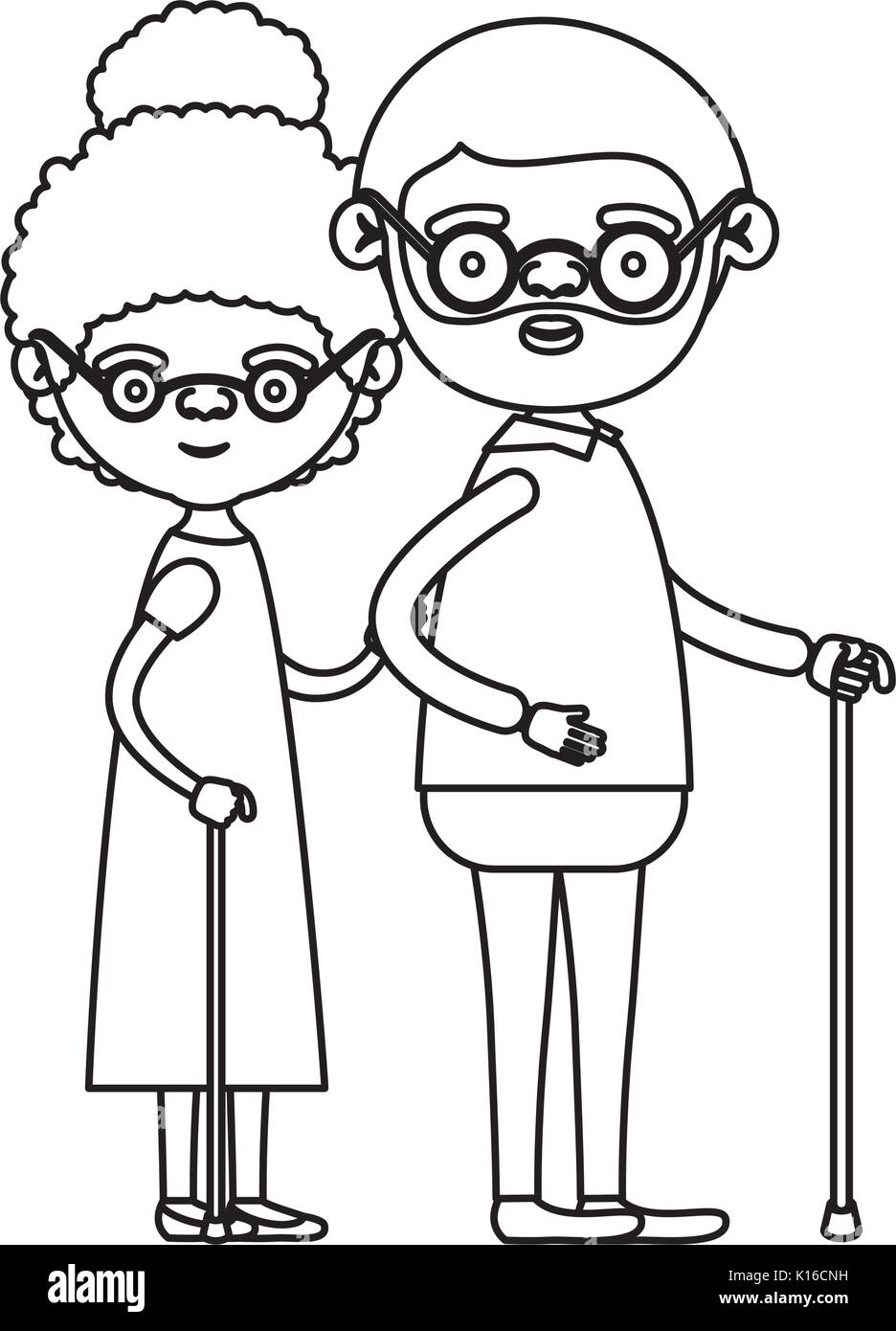 Sketch silhouette full body couple elderly in walking stick of ...