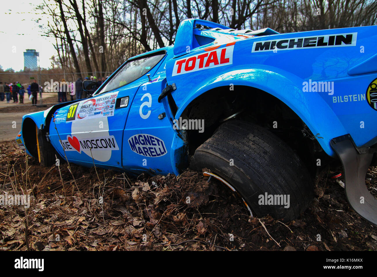 Moscow, Russia - Apr 18, 2015: Crash of the Lancia Stratos HF russian driver Alibekov Alexandr and co-driver Uperenko Oleg at the Rally Masters Show. Stock Photo