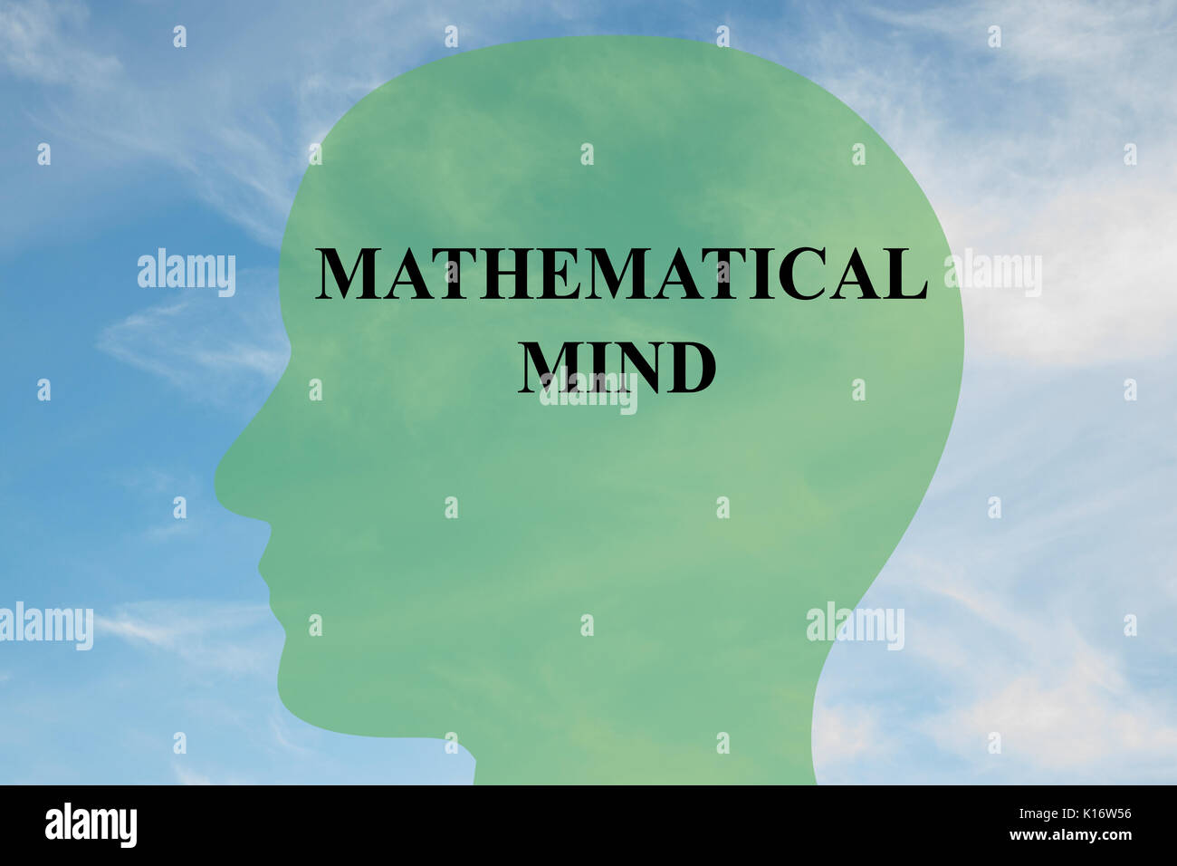 Render illustration of "MATHEMATICAL MIND" script on head silhouette, with cloudy sky as a background. Stock Photo