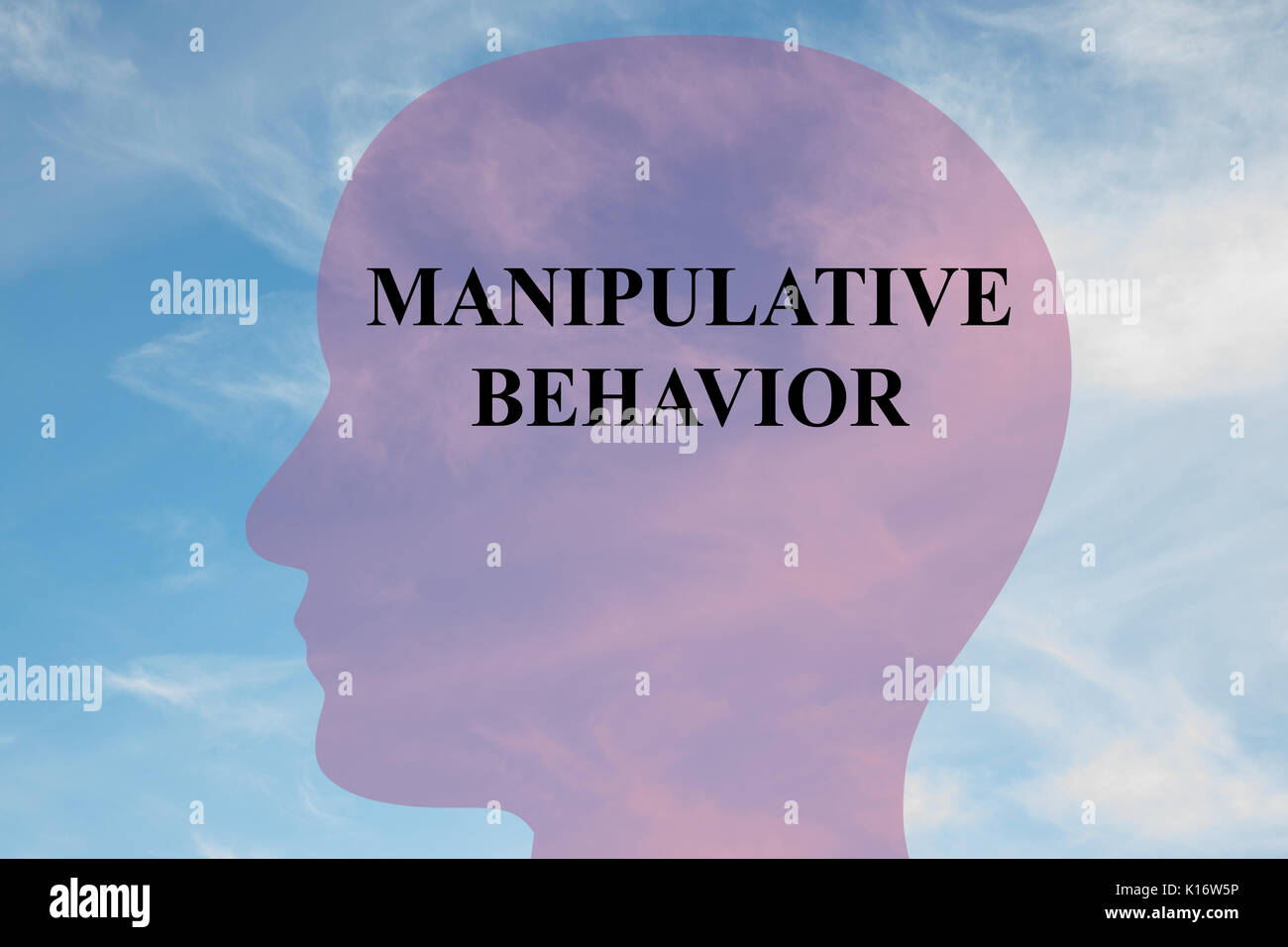 Render illustration of "MANIPULATIVE BEHAVIOR" title on head silhouette, with cloudy sky as a background. Stock Photo