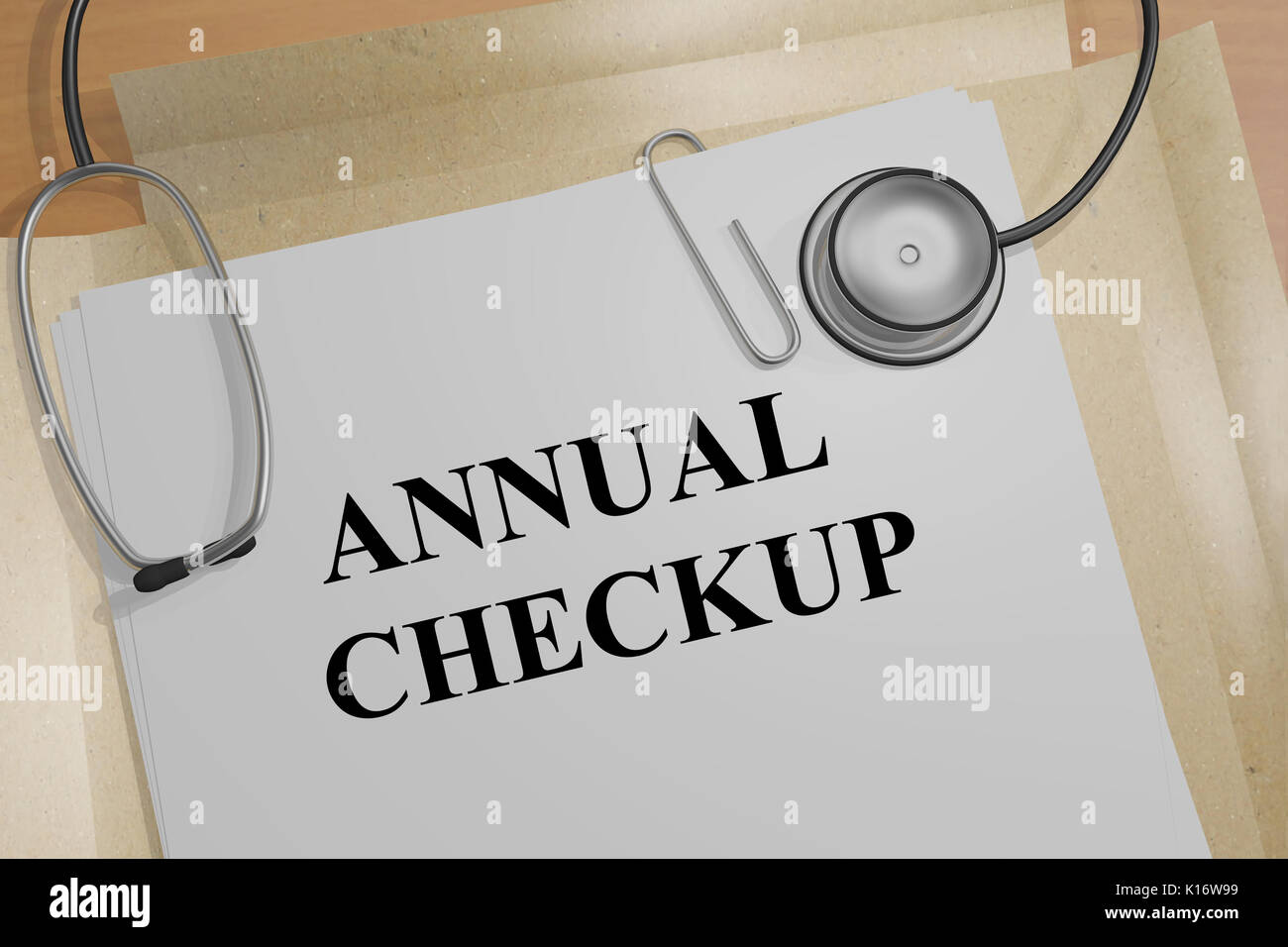 3D illustration of 'ANNUAL CHECKUP' title on a medical document Stock Photo
