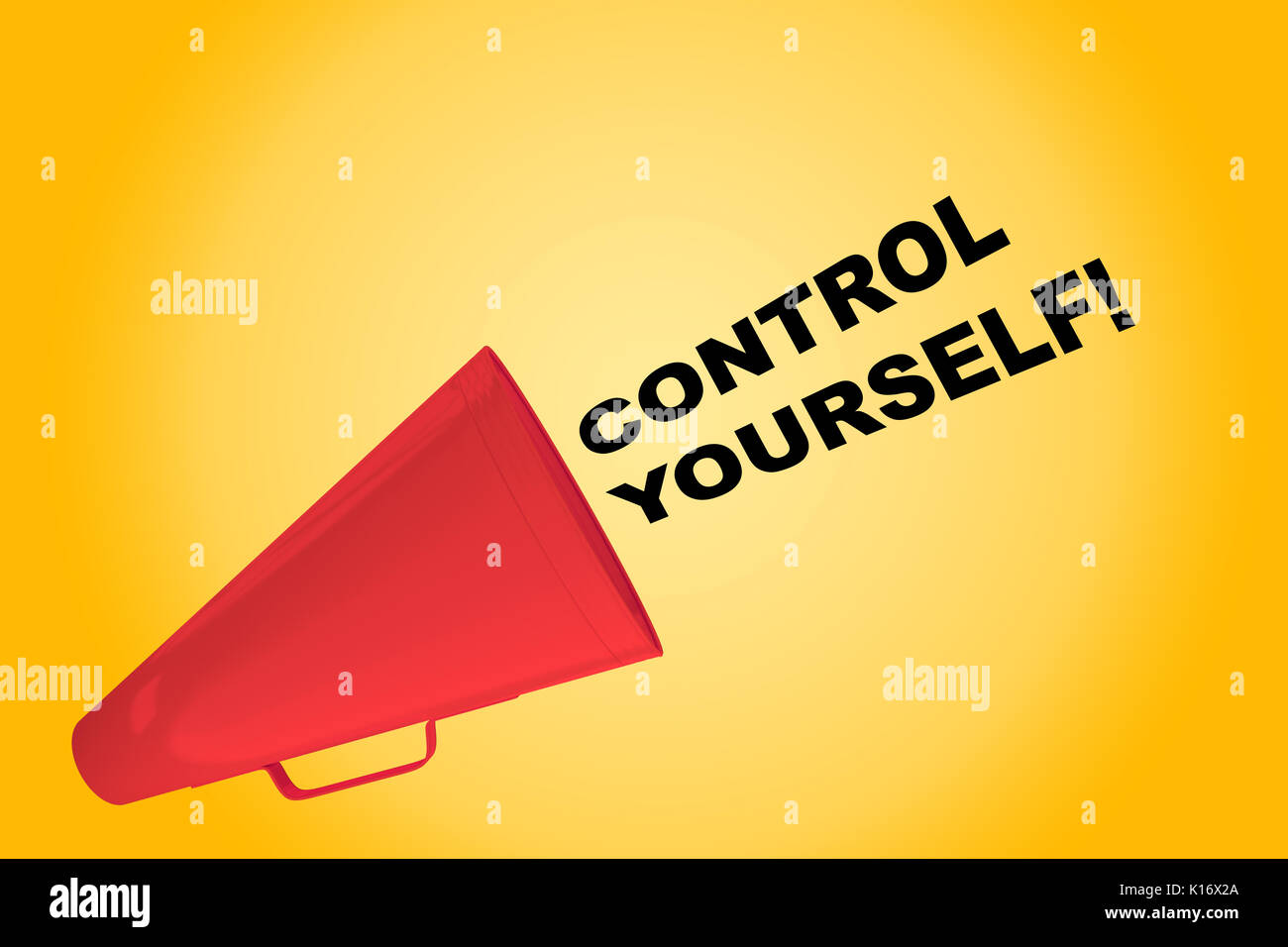 3D illustration of 'CONTROL YOURSELF!' title flowing from a loudspeaker Stock Photo