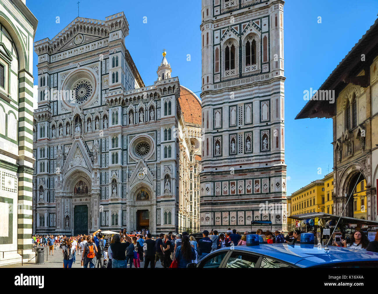 The Piazza del Duomo at the historic center of Florence Italy with the Florence Cathedral, Giotto's Campanile or Bell Tower and the Baptistery Stock Photo