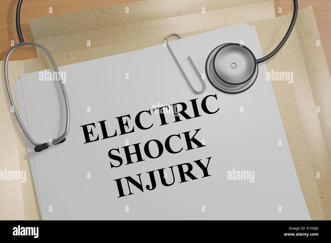 3D illustration of "ELECTRIC SHOCK INJURY" title on a medical document