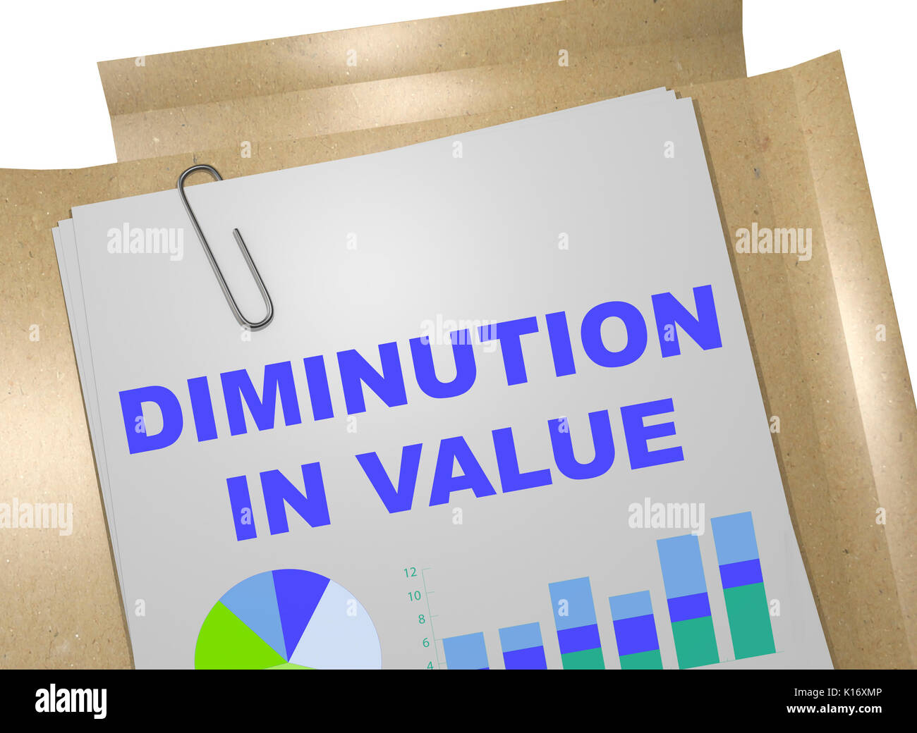 3D illustration of 'DIMINUTION IN VALUE' title on business document Stock Photo