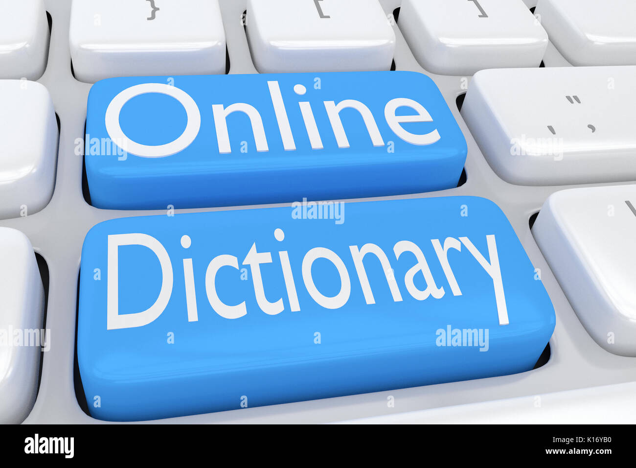 3D illustration of computer keyboard with the script 'Online Dictionary' on two adjacent pale blue buttons Stock Photo