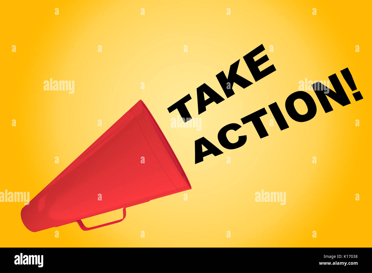 3D illustration of "TAKE ACTION!" title flowing from a loudspeaker Stock Photo