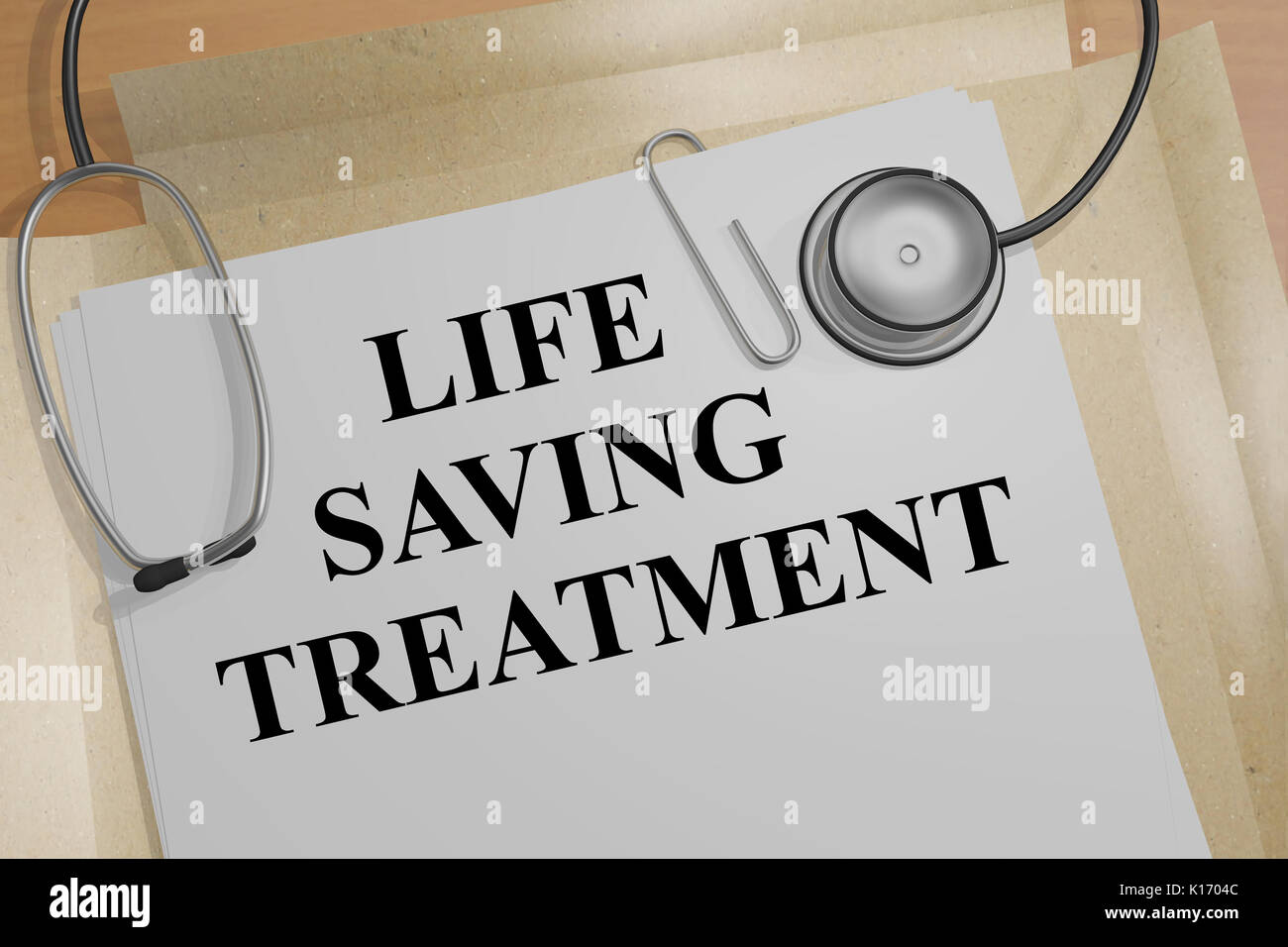 3D illustration of 'LIFE SAVING TREATMENT' title on a document Stock Photo
