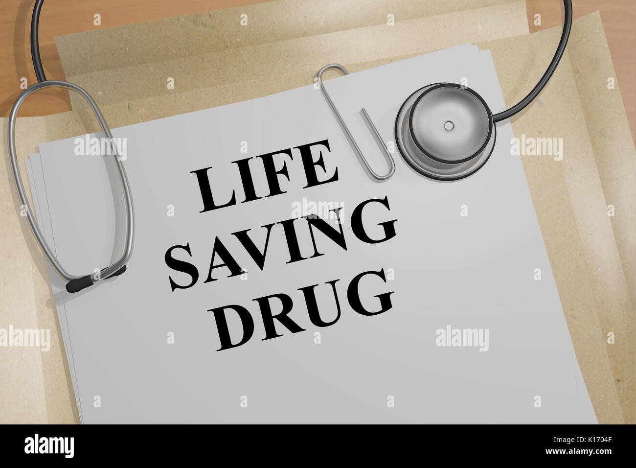 3D illustration of "LIFE SAVING DRUG" title on a document Stock Photo