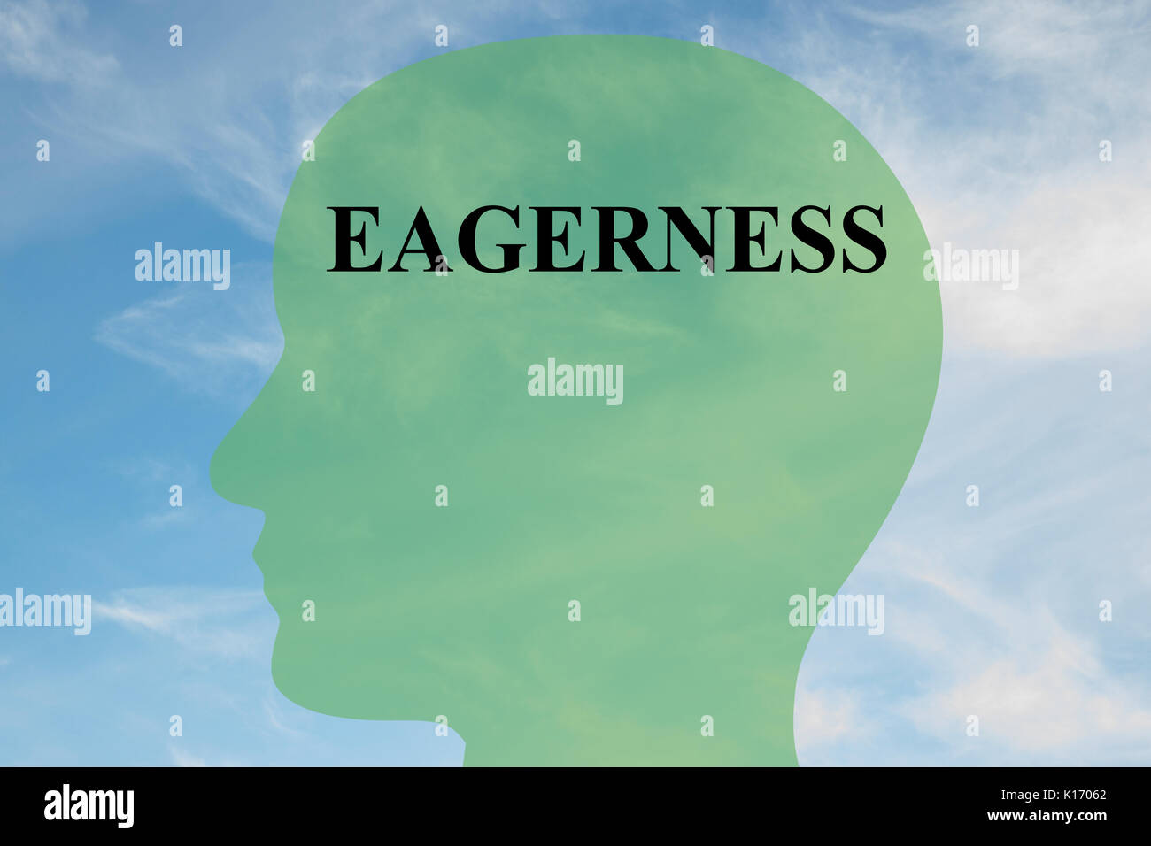 Render illustration of 'EAGERNESS' script on head silhouette, with cloudy sky as a background. Stock Photo