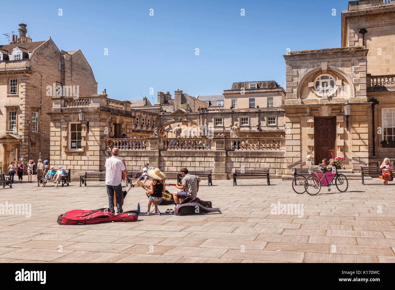 5 July 2017: Bath, Somerset, England, UK - Buskers in Kingston Parade, a small square beside the Roman Baths. Stock Photo