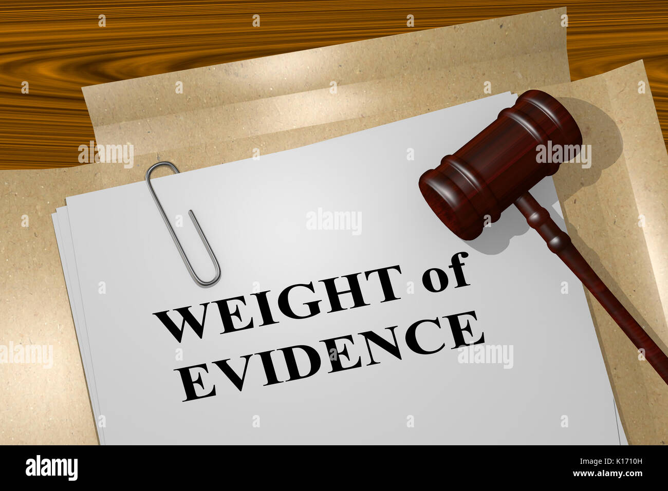 3D illustration of 'WEIGHT of EVIDENCE' title on legal document Stock Photo