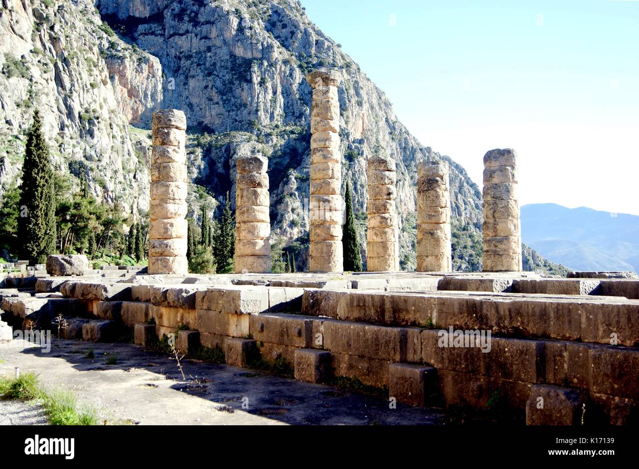 The Columns of the Temple of Apollo, Ancient Delphi, Greece Stock Photo