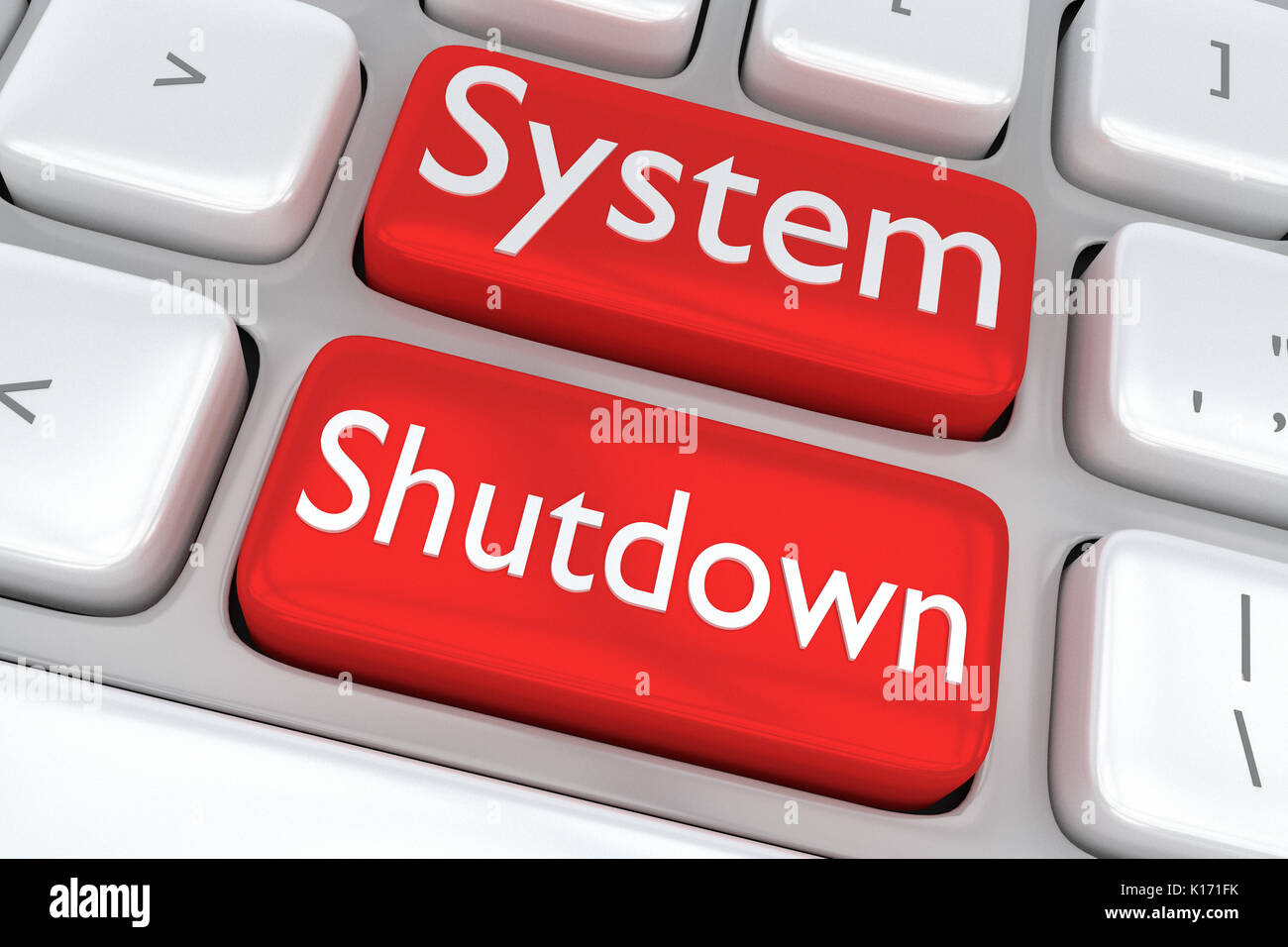 3D illustration of computer keyboard with the print "System Shutdown" on two adjacent red