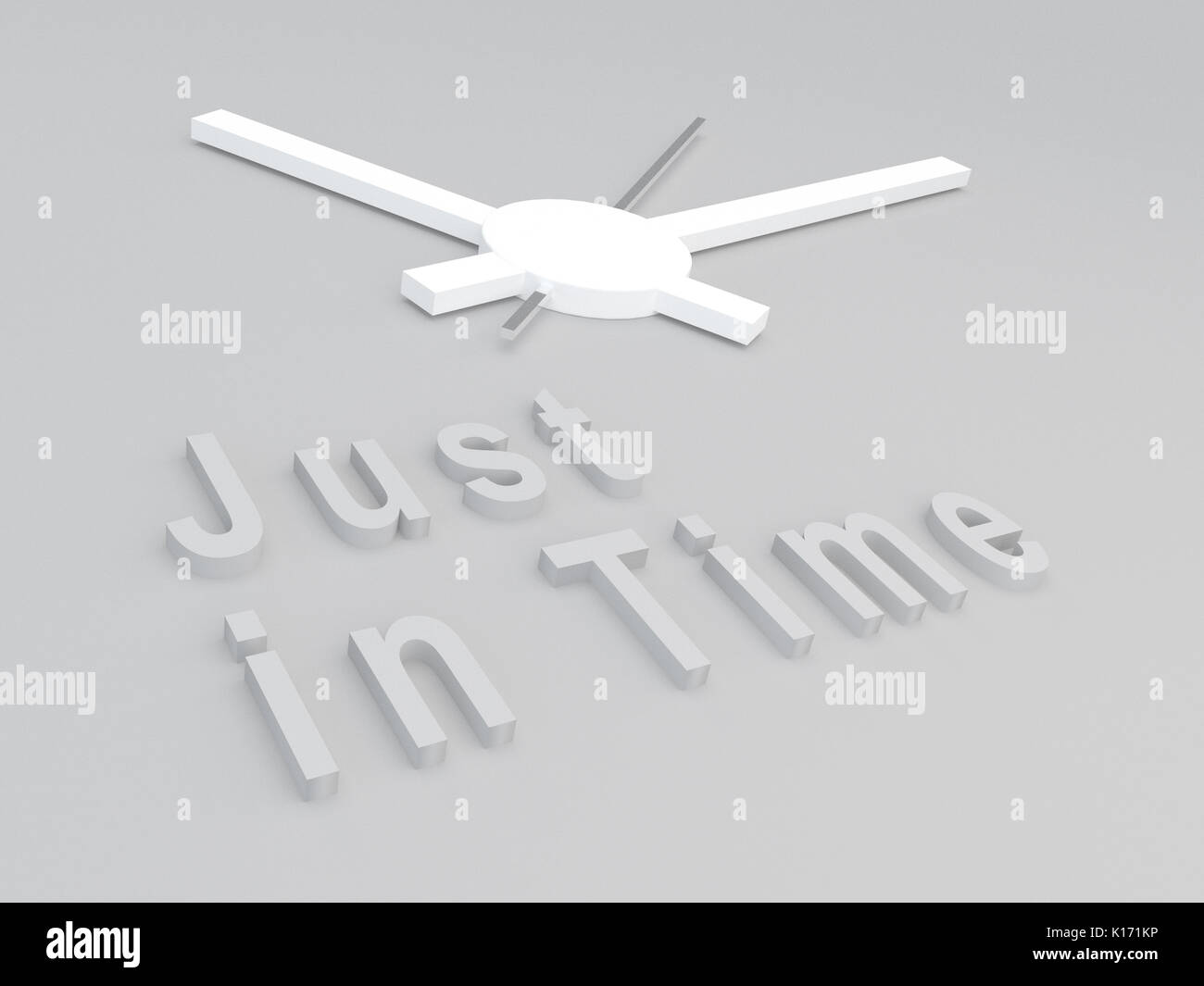 3D illustration of 'Just inTime' title with a clock as a background Stock Photo