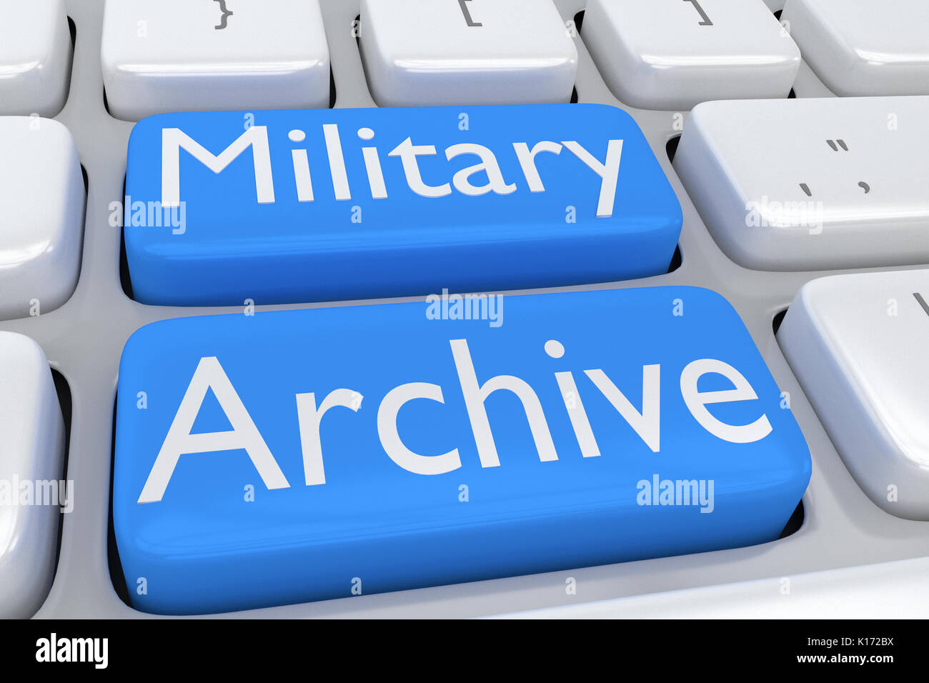 3D illustration of computer keyboard with the script 'Military Archive' on two adjacent pale blue buttons Stock Photo