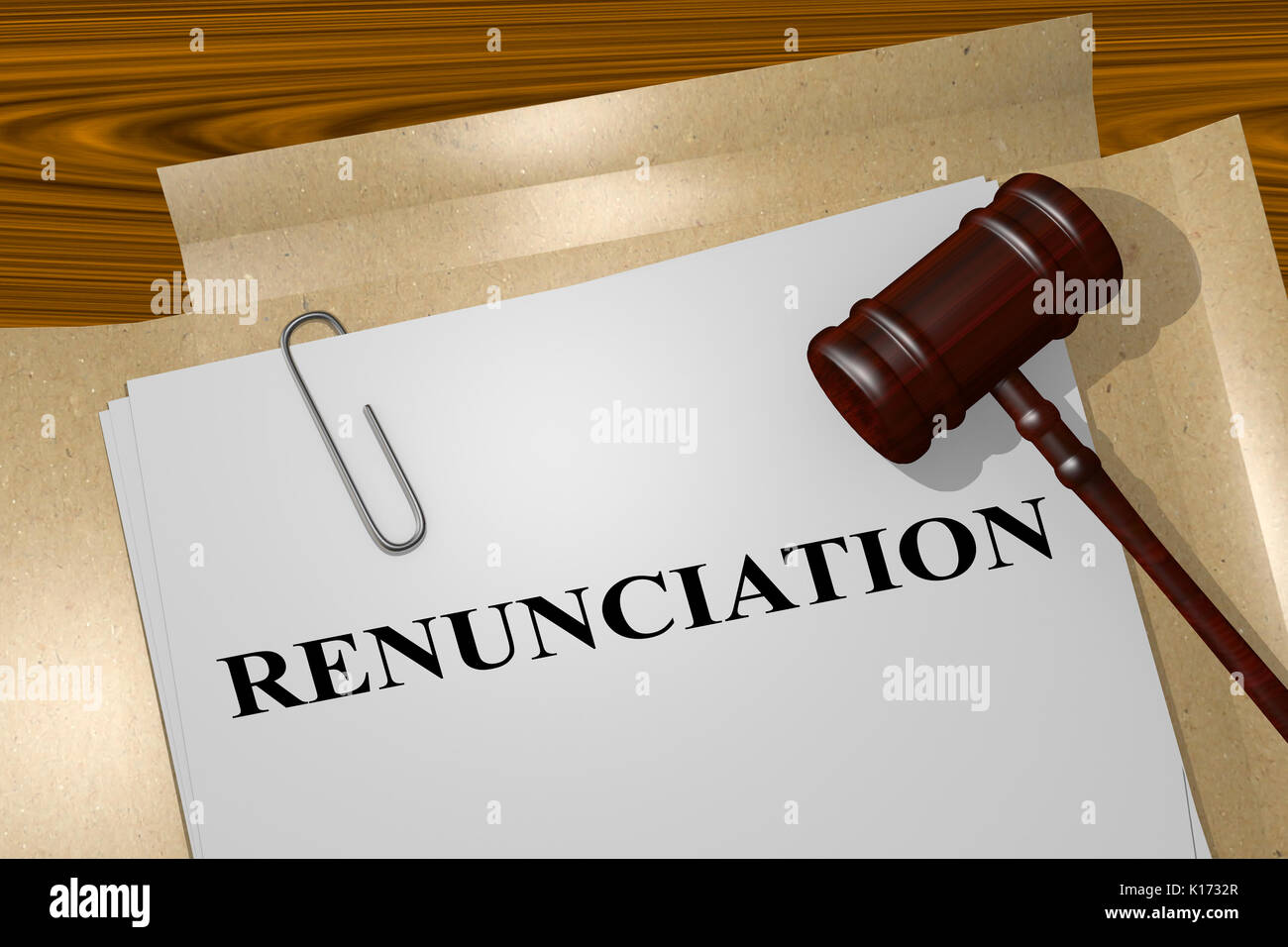 3D illustration of 'RENUNCIATION' title on legal document Stock Photo