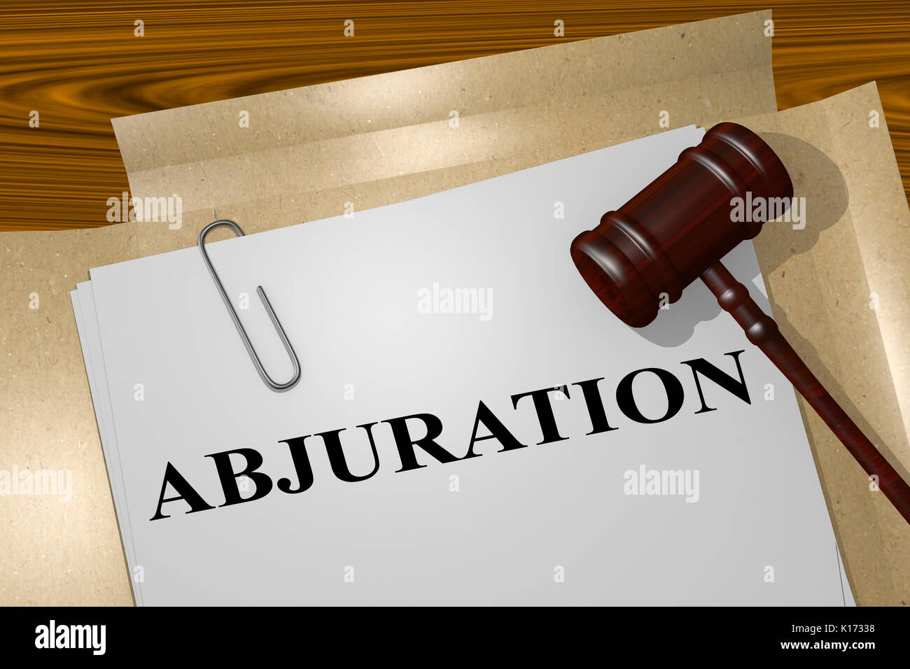 3D illustration of 'ABJURATION' title on legal document Stock Photo