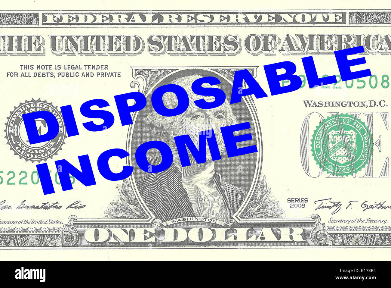 Render illustration of 'DISPOSABLE INCOME' title on One Dollar bill as a background Stock Photo