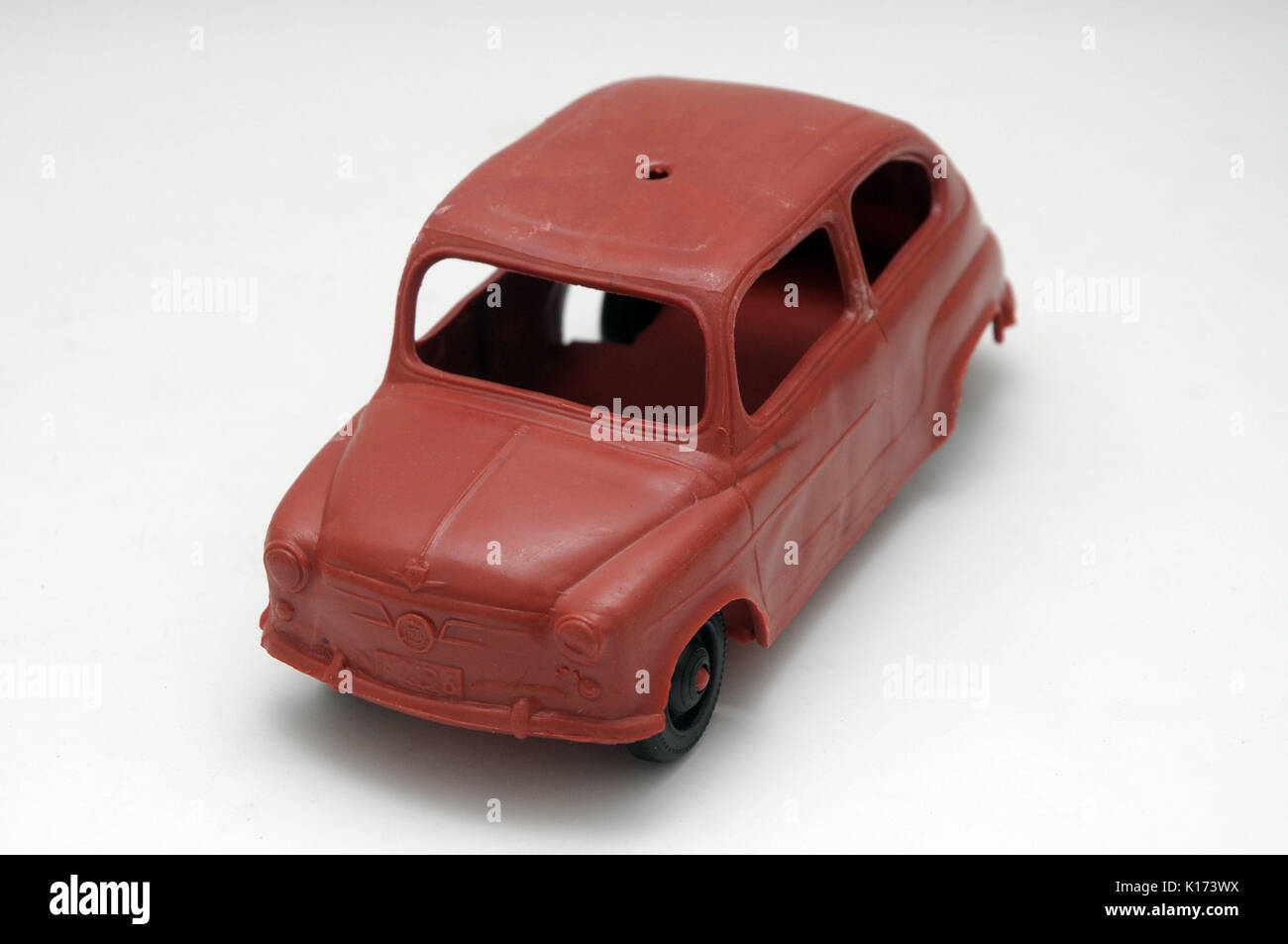 Plastic toy Seat 600 from strret shop for children70s. CAR MADE ON PLASTIC Synthetic material, obtained by carbon polymerization, which can be molded Stock Photo