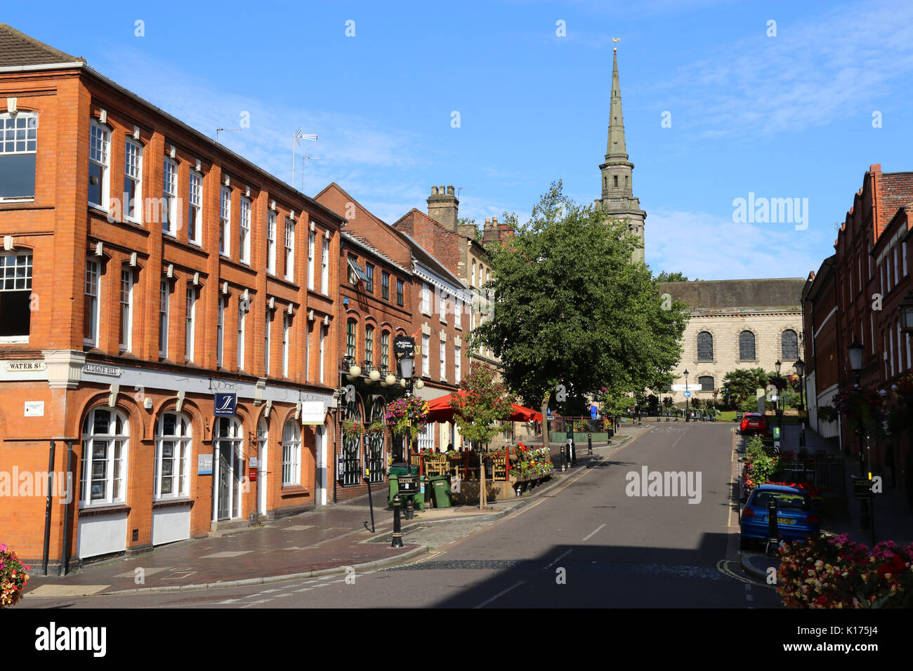 A view along Ludgate Hill, Birmingham city centre.  The street leads to St. Paul's Square and church and into the Jewellery Quarter historic area. Stock Photo