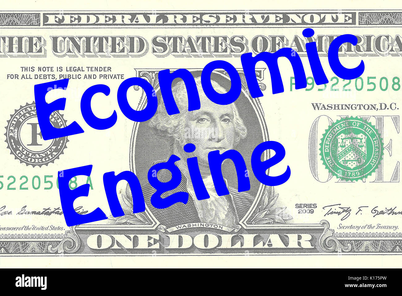 Render illustration of 'Economic Engine' title on One Dollar bill as a background. Business concept Stock Photo