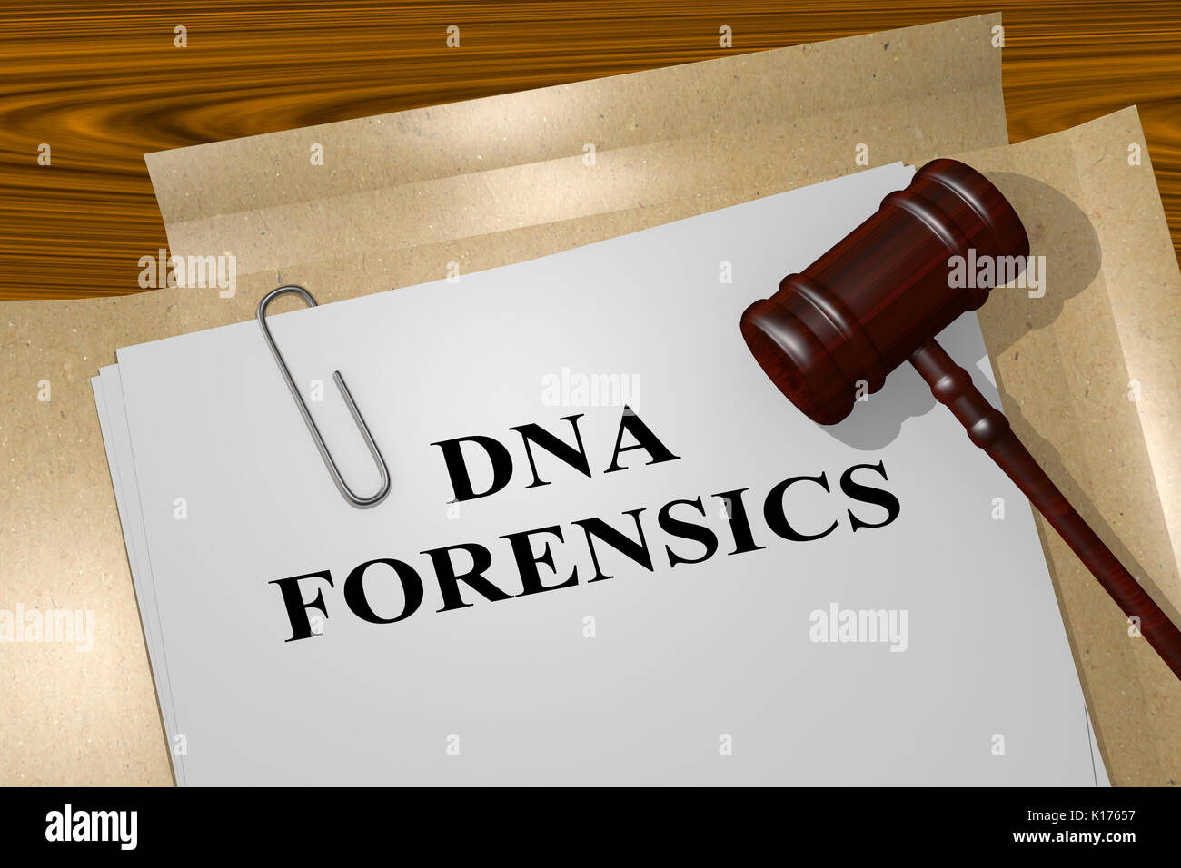 3D illustration of 'DNA FORENSICS' title on Legal Documents. Legal concept. Stock Photo