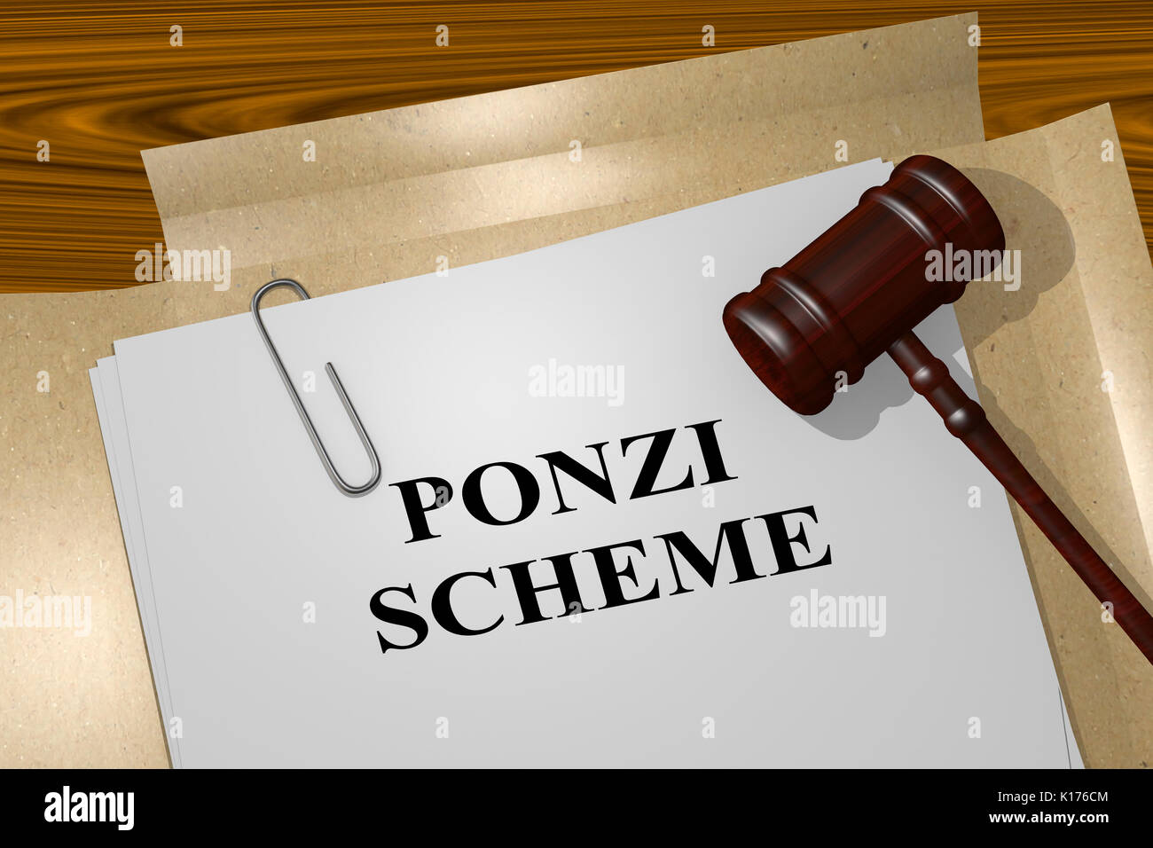 3D illustration of 'PONZI SCHEME' title on Legal Documents. Legal concept. Stock Photo