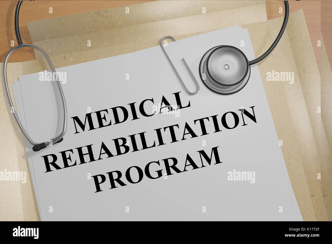 3D illustration of 'MEDICAL REHABILITATION PROGRAM' title on medical documents. Medical concept. Stock Photo