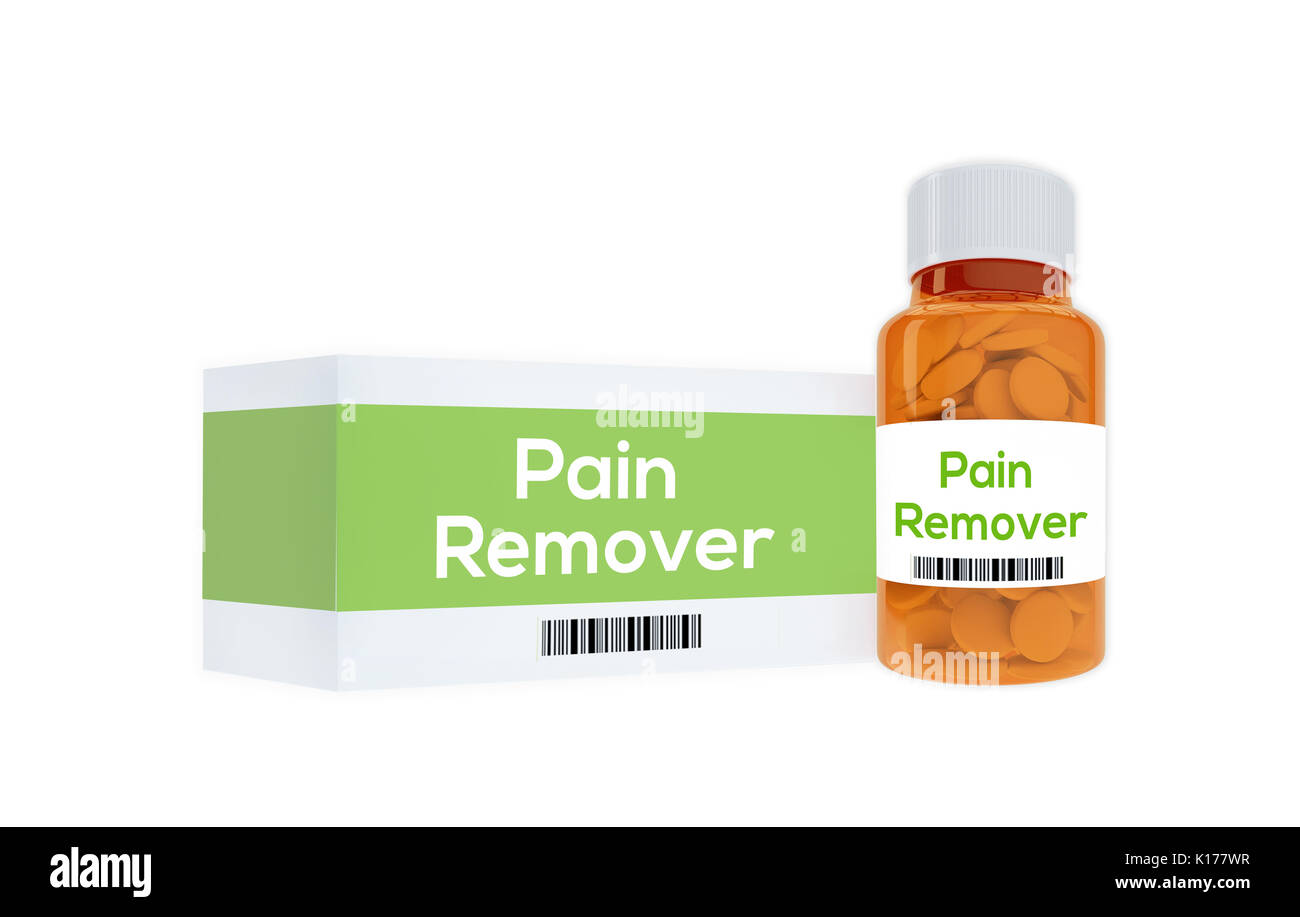 3D illustration of 'Pain Remover' title on pill bottle, isolated on white. Medication concept. Stock Photo