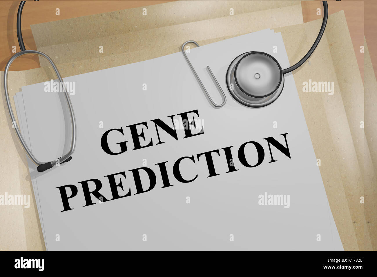 3D illustration of 'GENE PREDICTION' title on medical documents. Medical research concept. Stock Photo