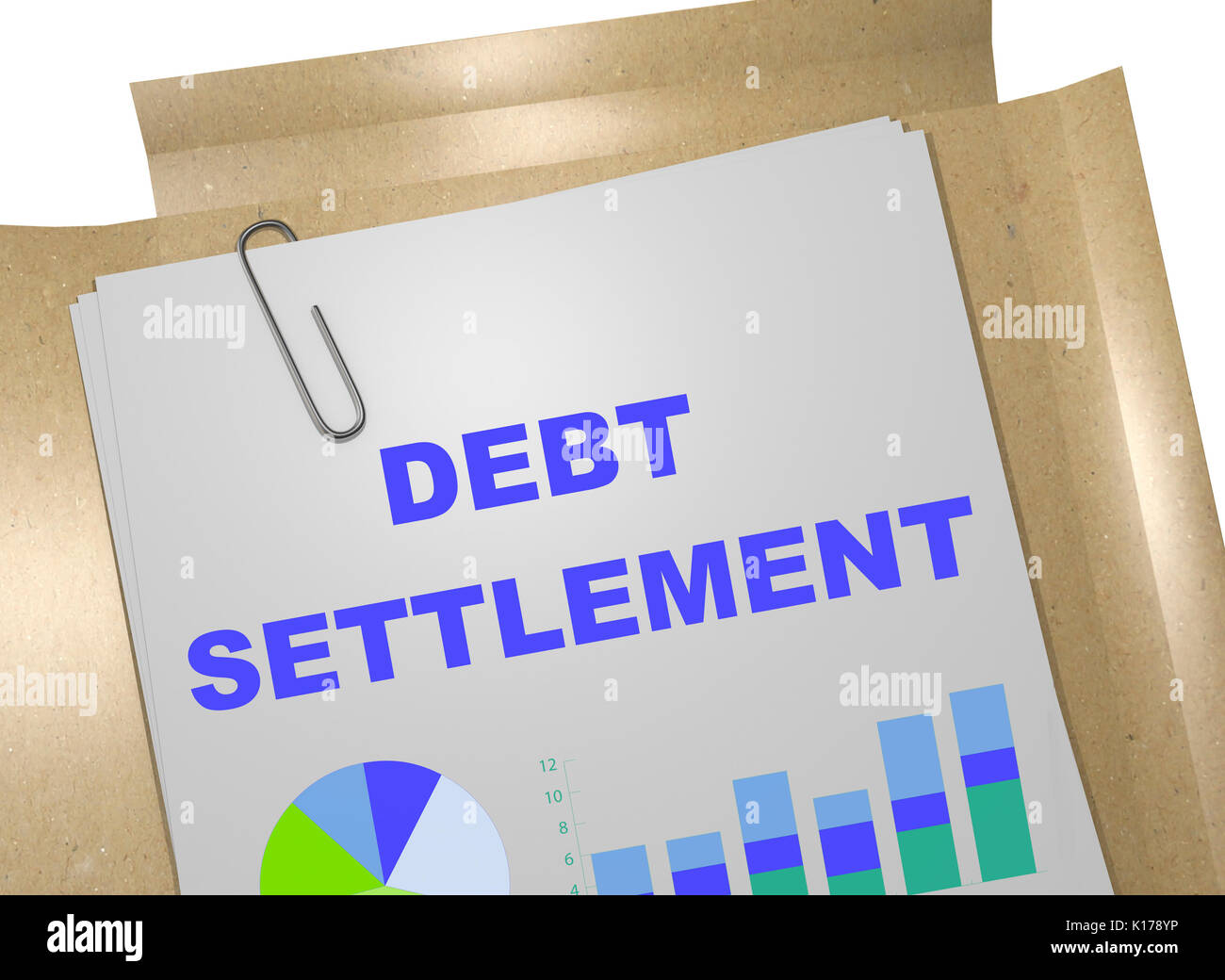 3D illustration of "DEBT SETTLEMENT" title on business document