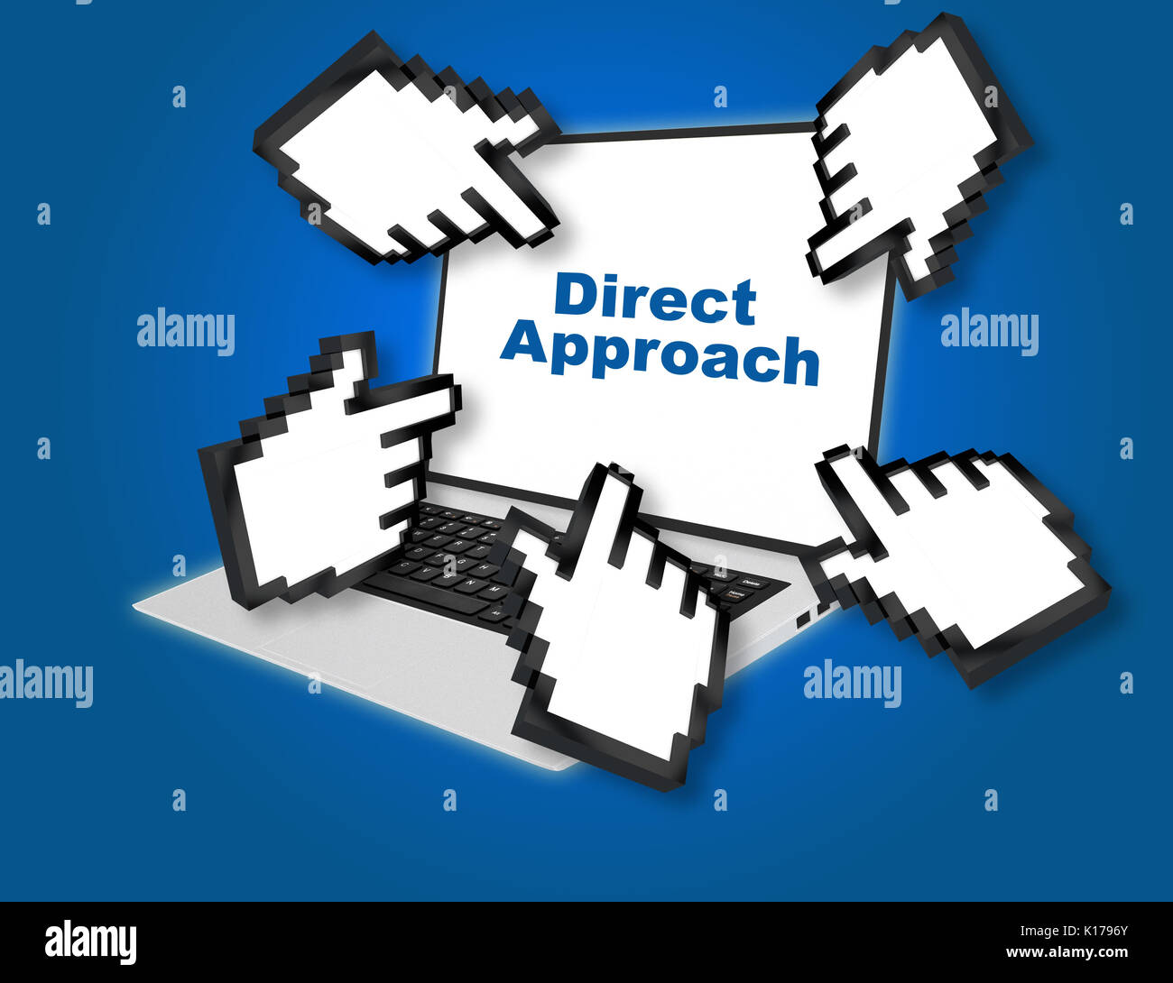 3D illustration of "Direct Approach" script with pointing hand icons